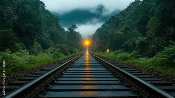 Fototapeta Tranquil railway track through misty rainforest