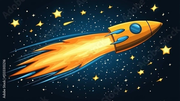 Fototapeta Rocket Launching Through Space with Colorful Flames and Bright Stars in a Night Sky