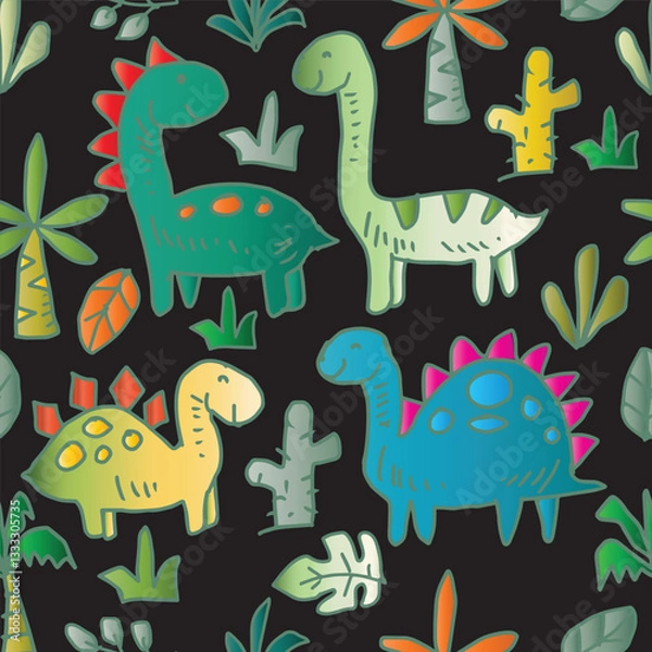 Fototapeta Doodle dinosaurs seamless pattern. Cute hand drawn vector illustration.