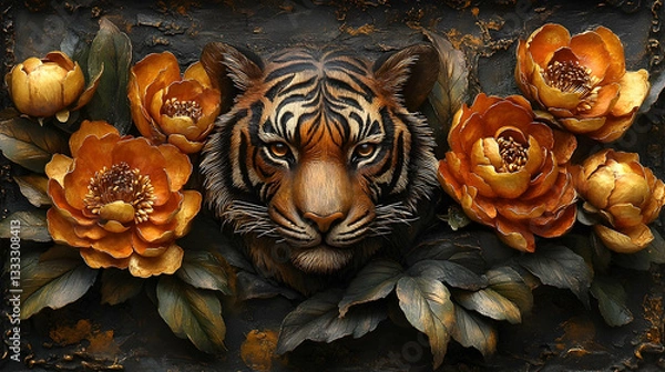 Obraz A majestic tiger's head surrounded by vibrant orange flowers, set against a textured dark background