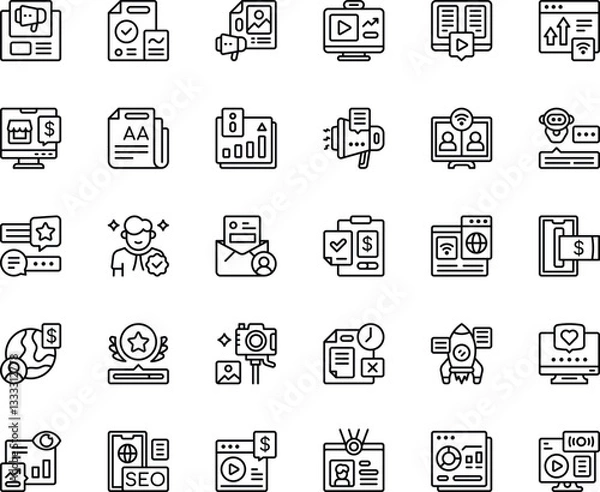 Obraz Digital Marketing black line icons set. Vector Illustration. Set of 30 Digital Marketing icons in line style