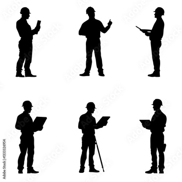 Fototapeta Construction workers silhouettes job site graphic design professional environment side view teamwork concept