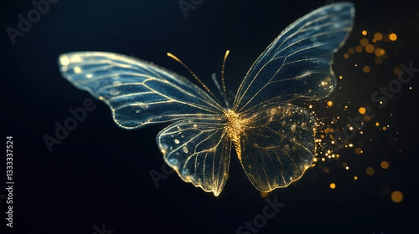 Fototapeta A luminous butterfly crafted from golden light, its delicate wings formed by intricate patterns of glowing particles, gently hovering in the darkness