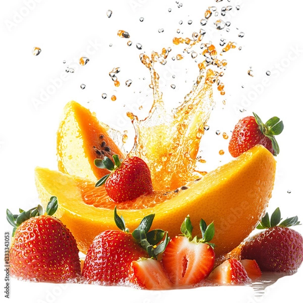 Fototapeta Papaya Oranges and Strawberries Splashing Isolated on Transparent Background