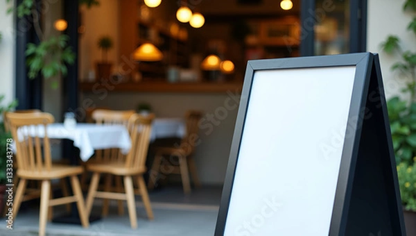 Fototapeta Elegant blank sign stands before inviting cafe, perfect for promotion