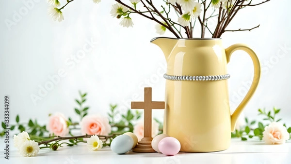 Fototapeta Elegant easter still life with pale yellow pitcher, cross, eggs, and delicate flowers evoking springtime and religious observance