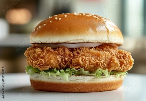 Fototapeta Freshly Made Crispy Chicken Sandwich with Sesame Seed Bun and Lettuce on a Clean White Surface in a Restaurant Environment