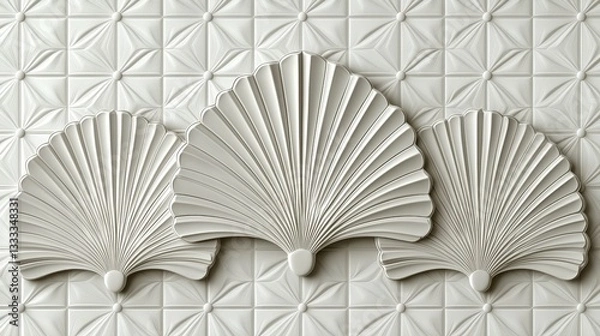 Fototapeta Elegant White Wall Decoration with Three Fan Shapes and Textured Background Design