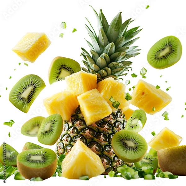 Fototapeta Pineapple and Kiwi Chunks Flying Through the Air Isolated on Transparent Background