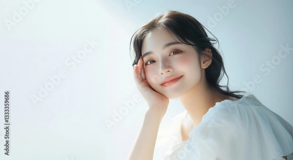 Fototapeta 笑顔の女性が頬杖をついている。白い背景