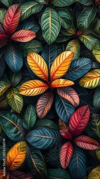 Fototapeta Beautiful overlapping colorful plant leaves creating a vibrant visual texture
