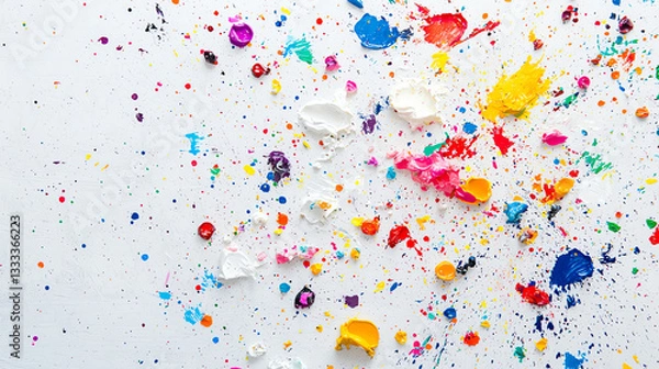 Fototapeta A dynamic abstract painting featuring an explosion of colorful paint splatters on a white background. Thick blobs and splashes of various hues, including red, blue, yellow, pink, purple, and white