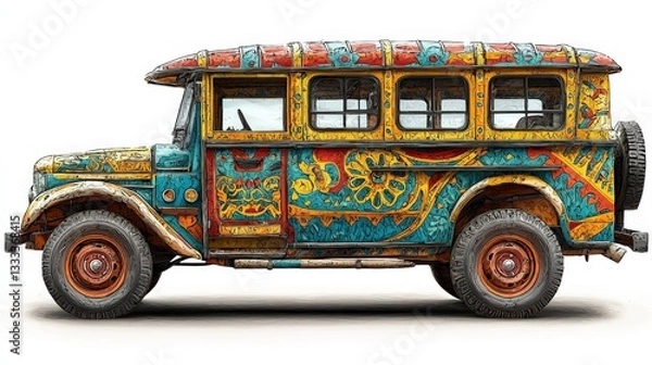 Fototapeta Colorful Vintage Bus with Artistic Designs and Unique Patterns in Bright Shades