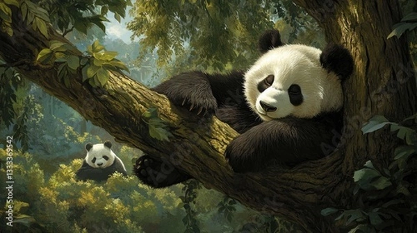 Fototapeta Peaceful Panda Nap in a Lush Forest