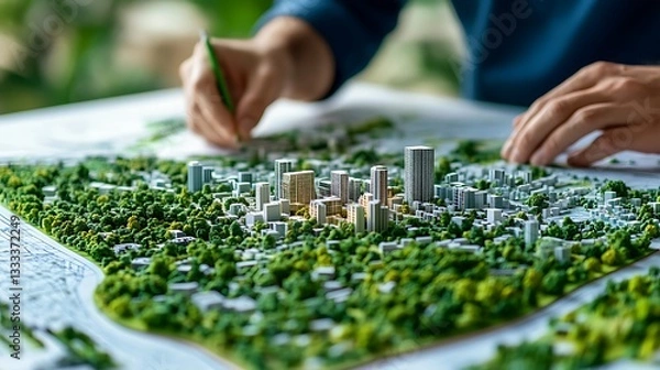 Fototapeta Urban planning models city development green spaces workshop indoor perspective