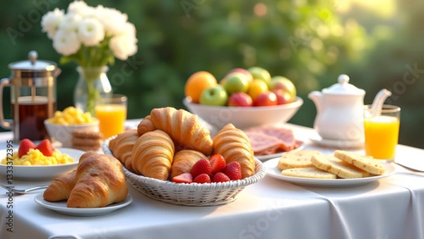 Obraz A lavish continental breakfast with croissants, eggs, ham, fruit salad, and coffee. Styled on a white tablecloth with orange juice and natural lighting for a vibrant, inviting morning vibe.