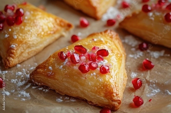 Fototapeta Golden Puff Pastries Topped with Fresh Pomegranate Seeds on Rustic Background Evoking Cozy Baking Moments at Home