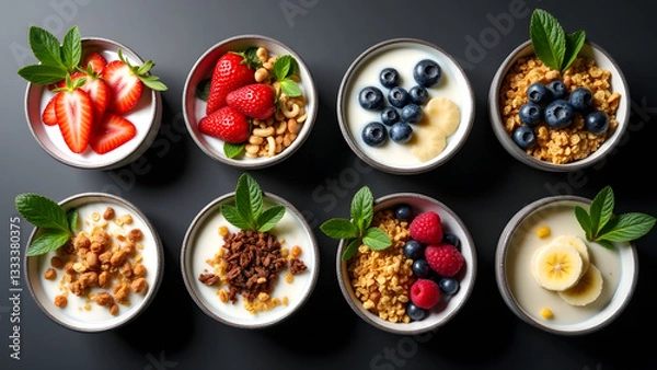 Fototapeta A variety of yogurt bowls with granola, fresh fruits, nuts, and mint leaves on a dark background. A vibrant and healthy breakfast display with soft, even lighting.