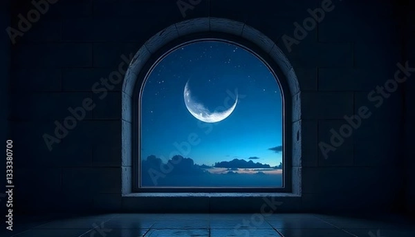 Obraz Mystical window with crescent moon in night sky, perfect for ramadan eid mubarak