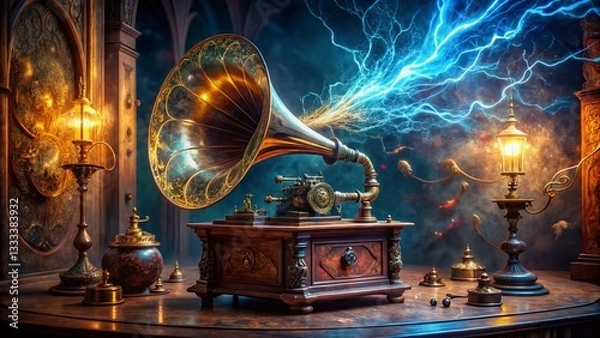 Obraz Vintage Gramophone with Antique Tesla Coil - Retro Sci-Fi Portrait Photography