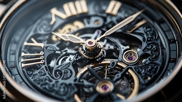 Fototapeta Close-up of intricate, ornate watch mechanism; gold Roman numerals, gears, and ruby jewels visible.