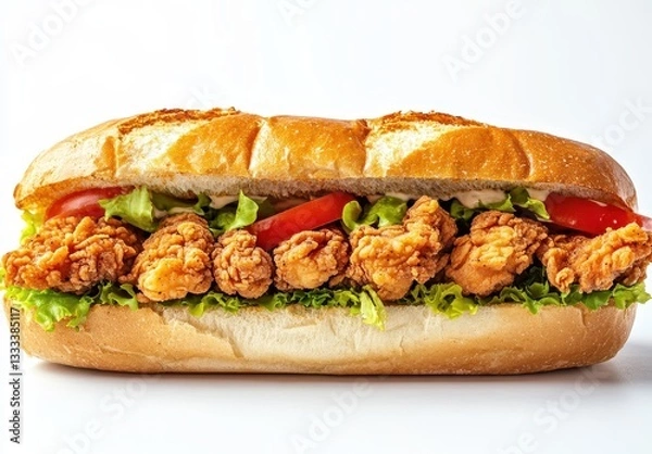 Fototapeta Mouthwatering fried chicken sandwich loaded with fresh lettuce, ripe tomato, and crispy bread, perfect for food lovers and culinary enthusiasts alike