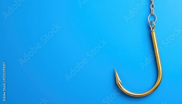 Fototapeta Close-up of a shiny gold fishing hook against a vibrant blue background.