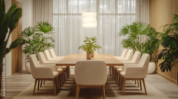 Obraz Modern Conference Room with Elegant Wooden Table Surrounded by Lush Greenery and Natural Light