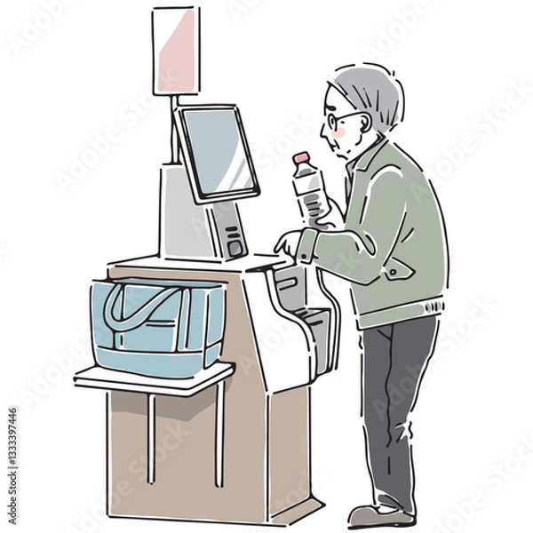 Obraz 困った顔をしてセルフレジで決済する高齢男性