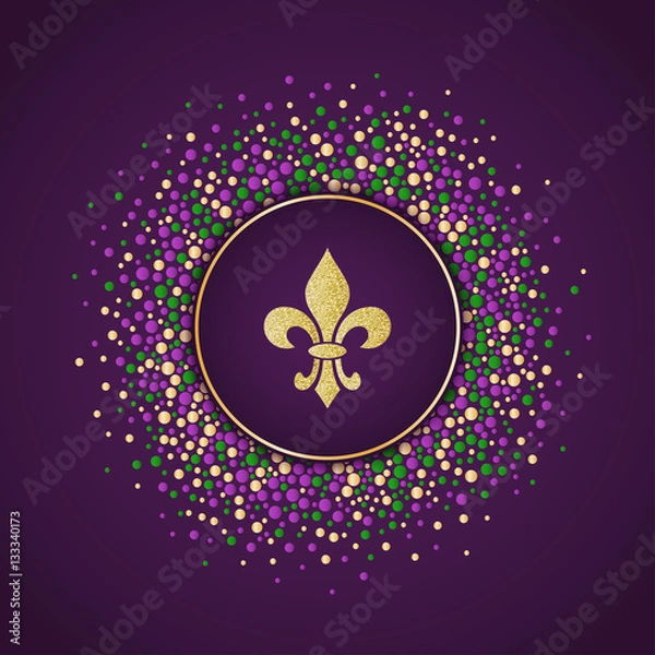 Fototapeta Tło świąteczne Mardi Gras. Okrągła kropkowana rama z Golden Glitter Fleur de Lis. Szablon wektorowy odpowiedni do kart z życzeniami, zaproszeń, plakatów, wydruków. EPS10.