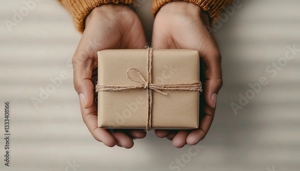 Obraz Hands holding gift for simple background.