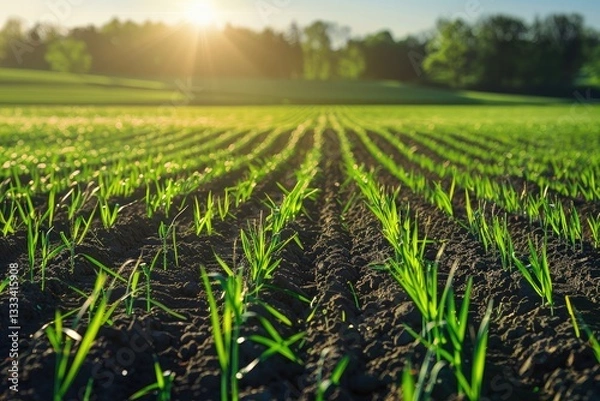 Fototapeta Rows of Green Young Shoots the Concept of Agriculture Planted Wheat or Rye Field in Warm Sun Rays