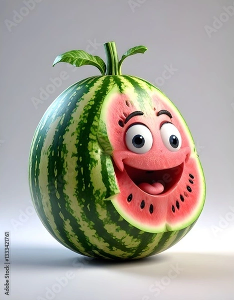 Fototapeta A 3D animated cartoon render of a watermelon with a smile on its face is shown Character 3D Rendered on White background.