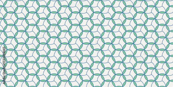 Obraz Abstract contemporary curvy star tiles pattern, aesthetic minimalist backgrounds, modern trendy wall decoration in blue and green. Tessellation tile pattern. Blue green cream 029