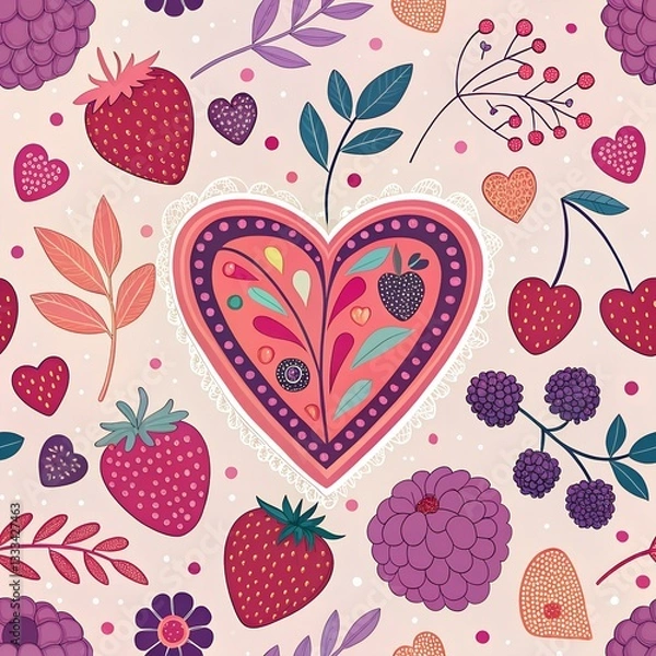 Fototapeta Colorful heart and berry pattern design digital art vibrant background playful theme top-down view decorative elements

