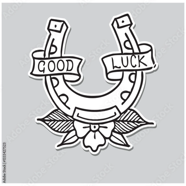 Fototapeta Line old school tattoo design of horseshoe with text "good luck" with flowers