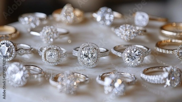 Obraz Elegant Diamond Rings Displayed On Marble Surface