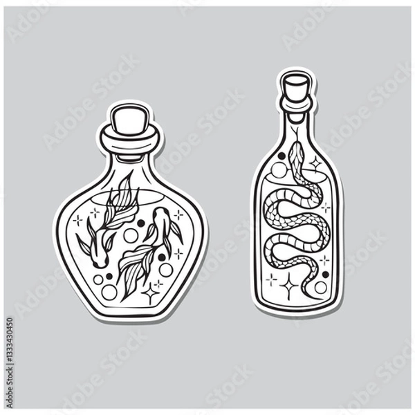 Fototapeta Mystical Jar Set Of Yin Yang and Snake. Outline Style.