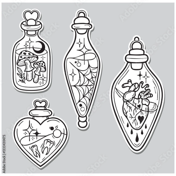 Fototapeta Witchy Jar Collection Of Mushrooms, Spider Net, Heart, Teeth. Outline Style