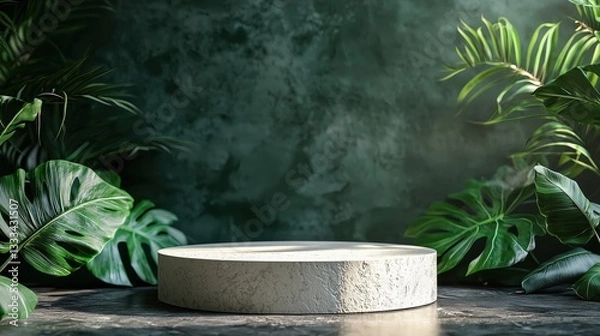 Fototapeta A minimalist display featuring a circular stone pedestal surrounded by lush green foliage against a textured dark backdrop.