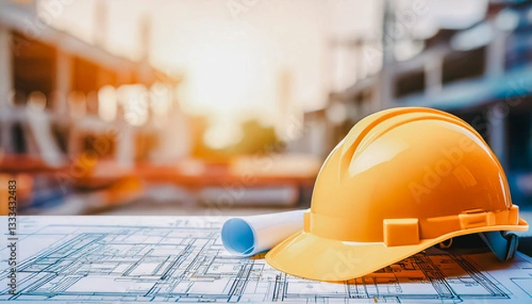 Fototapeta yellow helmet with blueprint on white background with blurred construction background. Flat lay composition with blueprint and helmet.