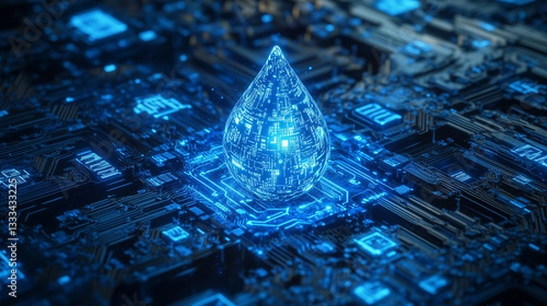 Fototapeta Futuristic digital water droplet glowing on a high-tech circuit board, symbolizing technology, sustainability, and innovation in artificial intelligence.

