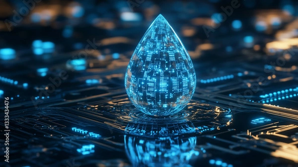 Fototapeta Futuristic digital water droplet glowing on a high-tech circuit board, symbolizing technology, sustainability, and innovation in artificial intelligence.
