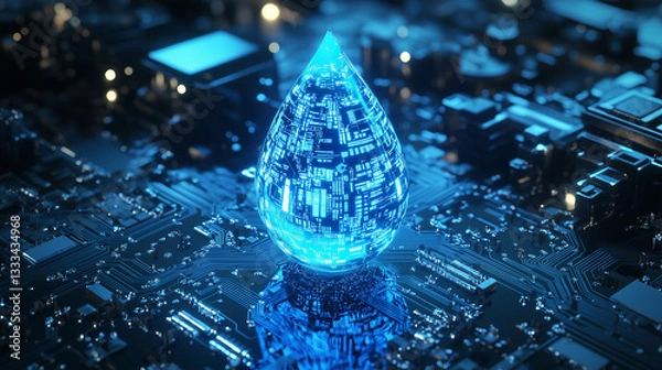 Fototapeta Futuristic digital water droplet glowing on a high-tech circuit board, symbolizing technology, sustainability, and innovation in artificial intelligence.
