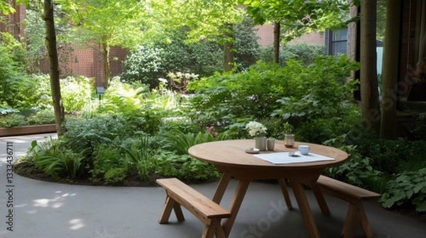 Fototapeta A wooden picnic table with a bench and a cup of coffee on it. The table is surrounded by a lush green garden