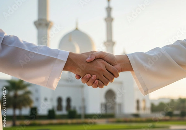 Fototapeta Close-up of a handshake between two individuals in front of a grand white mosque, symbolizing partnership and unity.