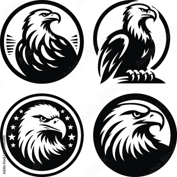 Fototapeta Majestic eagle emblem set in black and white, featuring fierce and bold eagle head illustrations in circular frames with stars, perfect for logos, tattoos, and branding