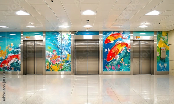 Fototapeta Vibrant mural of koi fish and underwater scenery near modern elevators in a spacious lobby