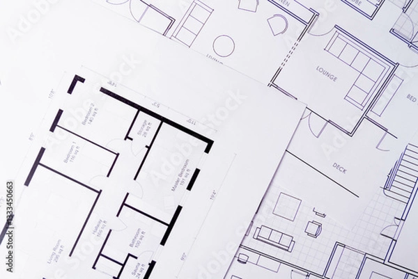 Fototapeta Construction background. House plan on table texture. Working drawings of a house project design..
