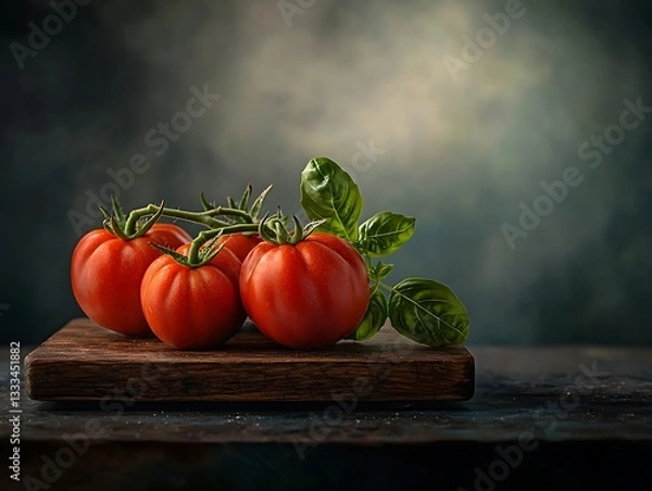 Obraz Vine Tomatoes for Basil, Rustic Still Life.